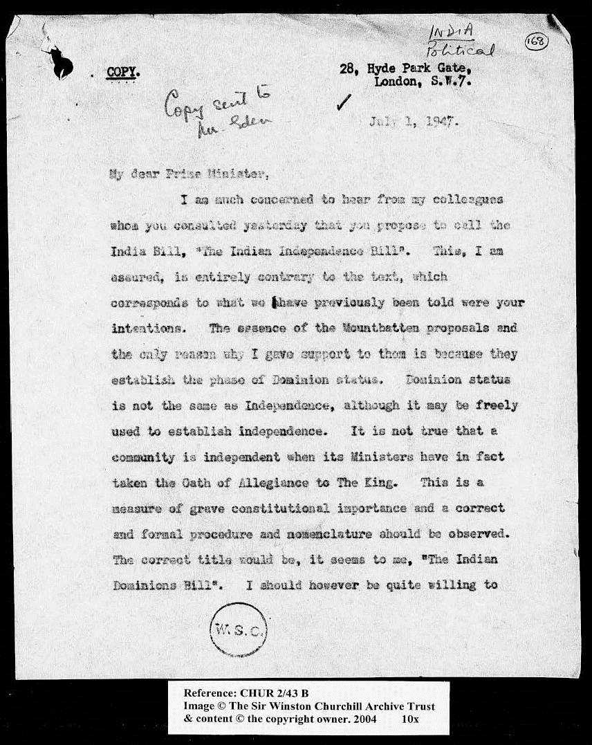 Indian Independence Act and Winston Churcill's letter to PM Atlee